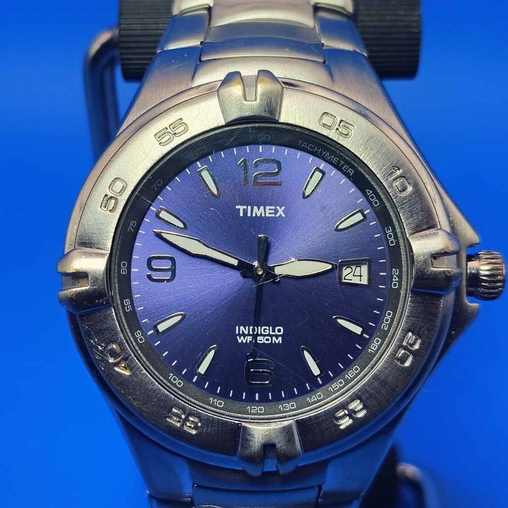 Vintage 2003 Timex Indiglo Date 38mm Mens Quartz Watch Solid SS Fully Restored‎